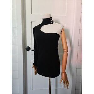 Cache Top Womens Medium M Black One Shoulder Mock Neck Silk Blend Rhinestones